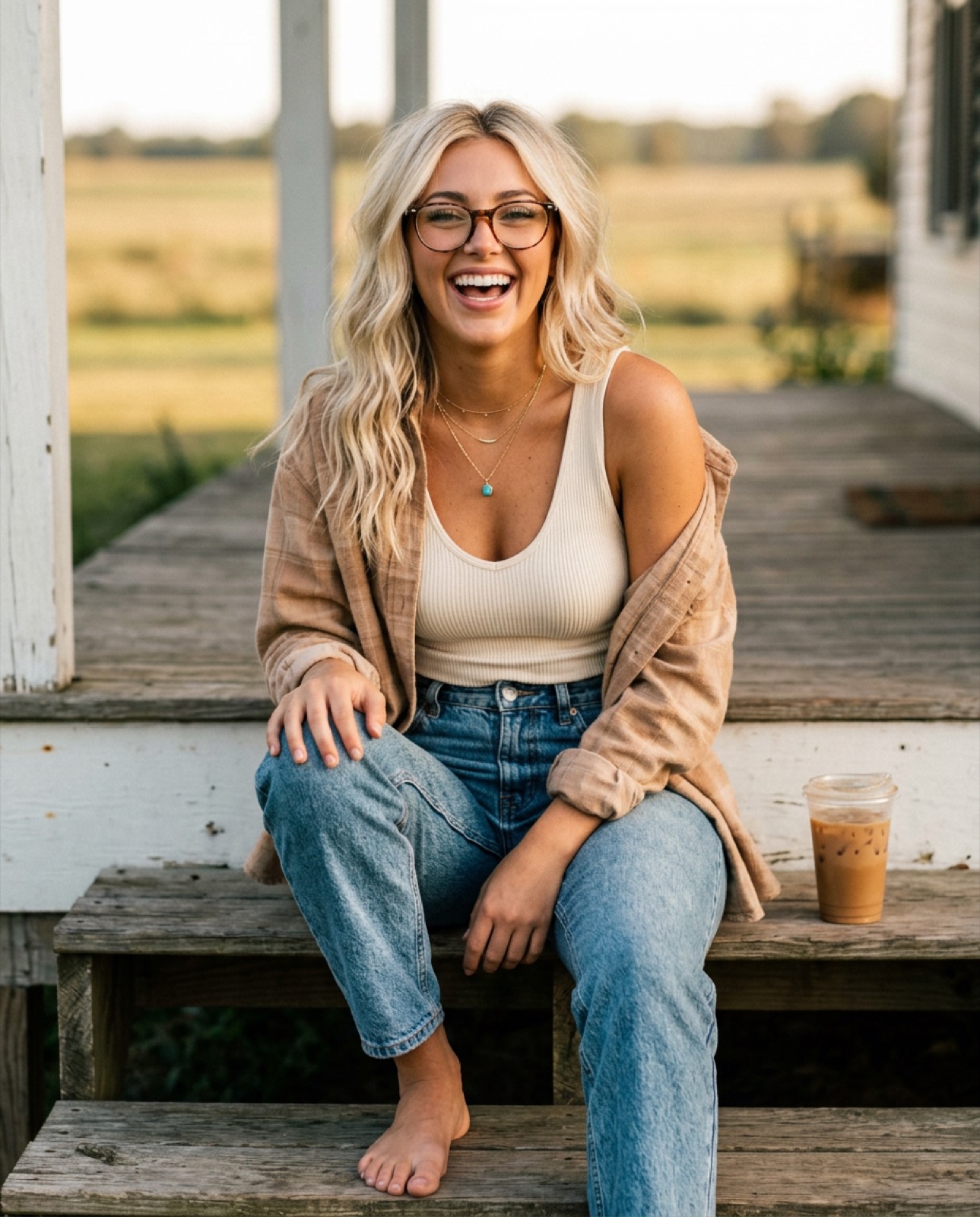 Jessicai sitting on farmhouse porch steps, laughing, with an iced coffee beside her.