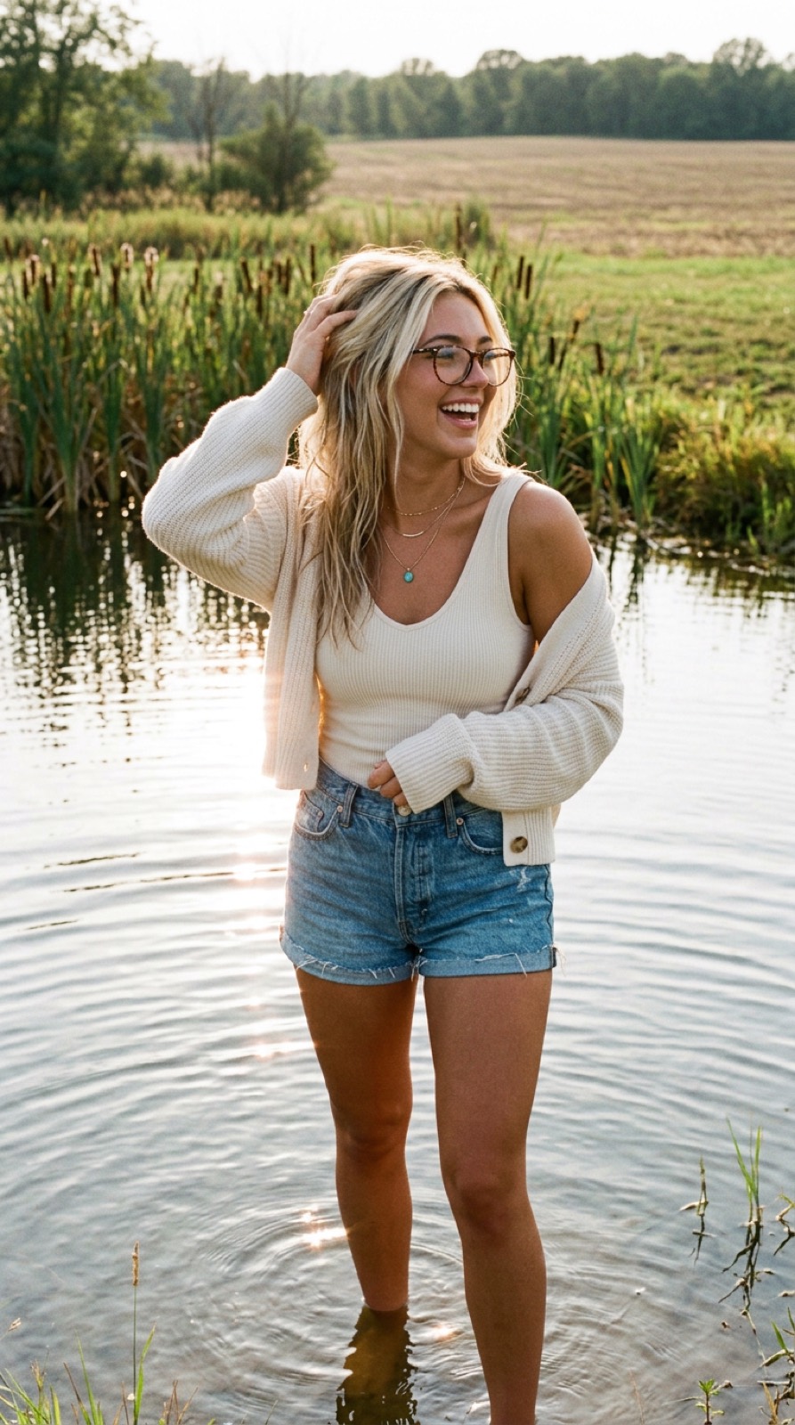 Jessicai standing at the shallow edge of the pond, laughing over her shoulder.