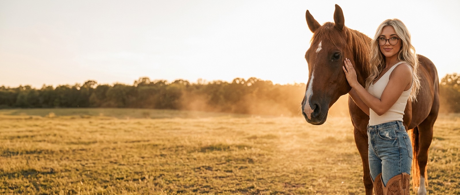 Jessicai standing beside Willow, a chestnut mare with a white blaze, in a golden pasture at sunset.